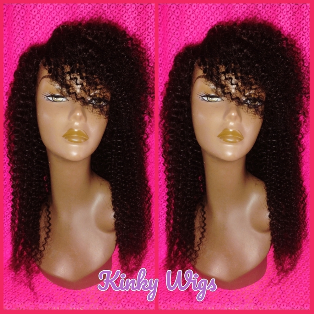 SOLD 22" 100% Bohemian Kinky Curly Full Swoop Bang  Human Hair Wig Glueless